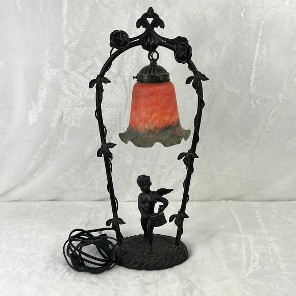 Art Nouveau Style Cherub Accent Lamp With Ruffled Glass Shade & Iffland Mark - Picture 2 of 12